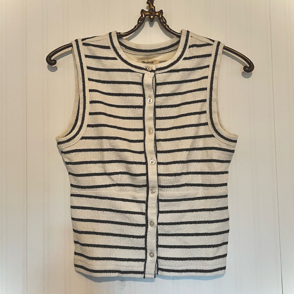 Madewell Black and White Striped Sleeveless Button-Down Shirt